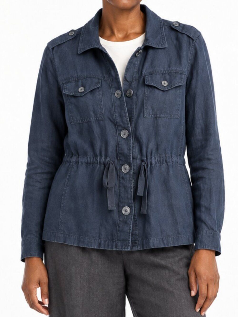 Talbots 100% Linen Navy Blue Utility Jacket Drawstring Waist Size Medium